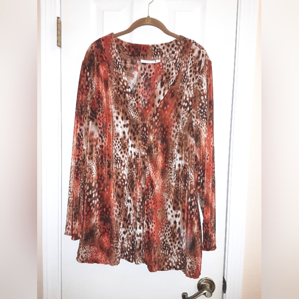 1x Susan Graver Textured Animal Print Cardigan with Hook&  Eye Clasp in Paprika
